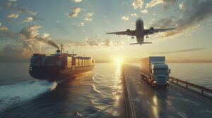 a ship, a plane, and a truck moving along thereby promoting company's function as a freight forwarder